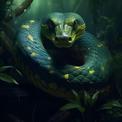 Grüne giftige Schlange böser Blick Green poisonous snake evil eye - obrazy, fototapety, plakaty