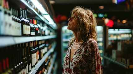 Middle aged woman choosing alcohol in a shop - obrazy, fototapety, plakaty