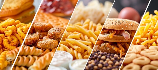 Fast food product collage with white dividers   bright white light, minimum 7 segments