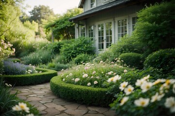 Obraz premium Serenity Unveiled, A Majestic Haven of Blooming Colours Nestled Behind the Sunlit House