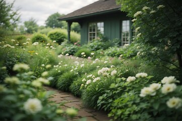 Fototapeta na wymiar Whispers of Snow, A Serene Oasis of White Blooms Flourishing Beneath the Green House