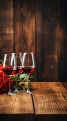 Two glasses of red wine and bouquet of red roses on wooden background.