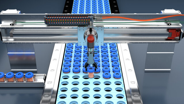 palletising robot, linear pickup and assembly for workpieces, sorting machine, 3d rendering