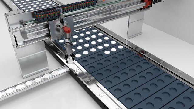 capsule or tablet stacker, linear picker and billet assembly, pallet stacking robot, sorting machine, 3d rendering