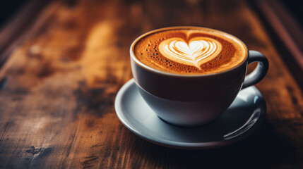 Coffee cup with heart shape latte art on wooden table.