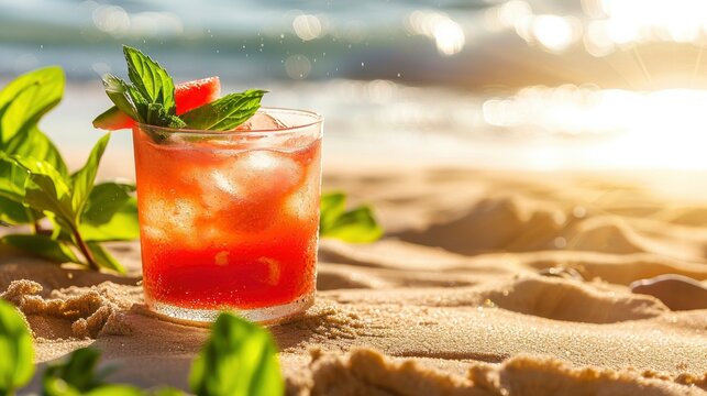 a photo of a colorful watermelon mojito with mint and basil leaves on the beach in the sand
