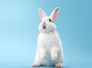Surprised white bunny isolated on a light blue background