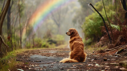 Golden retriever, forest footpath and rainbow - Powered by Adobe