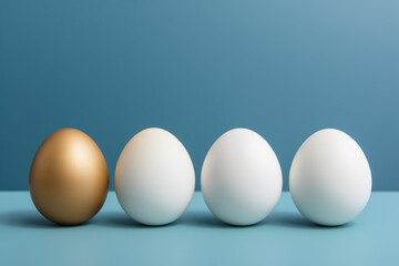Three white eggs and one golden on a blue background