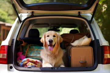 Golden Retriever sitting in the back of a car with luggage