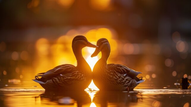 two ducks put their heads together to make a heart shape, sunset