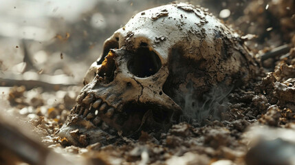 Human skull on ground - shortness of life concept
