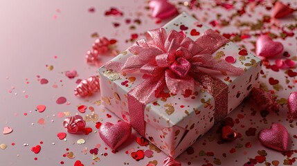 Pink gift box and festive hearts on a peach fuzz background. Valentine's Day, wedding or Birthday gift concept.