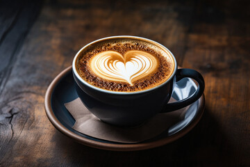 Coffee cup with heart shape latte art on wooden table.