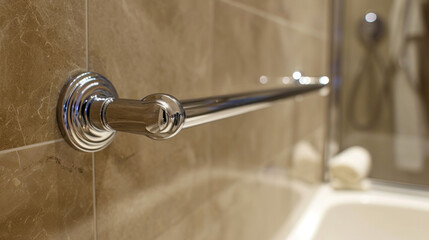 Closeup of a luxury, Chrome, Grab Hand Rail For Bathroom Shower, Bath or Toilet, handrail safety grab bar, security for handicapped, disabled people, accessibility for patients and the elderly. 
