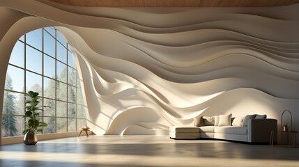 Obraz premium Futuristic living room interior with large windows and curved walls