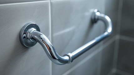 Closeup of a Curved, Chrome, Grab Hand Rail For Bathroom Shower, Bath or Toilet, handrail safety grab bar, security for handicapped, disabled people, accessibility for patients and the elderly.  - obrazy, fototapety, plakaty