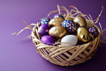 Naklejka na ściany i meble Easter eggs are golden, purple in a wicker basket on a purple background. Close-up. Easter. Religion.