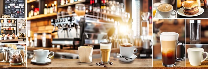 Coffee shop products collage with white vertical lines, vibrant bright light white style