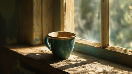  a cup sitting on a window sill next to a window sill with a window pane in the background.