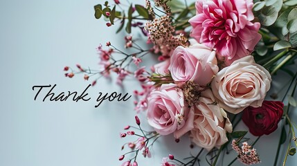 The inscription: Thank you. Pink, pale pink, crimson and white roses on a pale blue background. Postcard.
