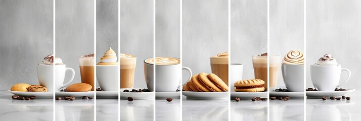 Bright white light style coffee shop products collage with segmented white vertical lines