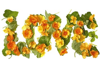 The word love is made of yellow flowers and green leaves on a white background.