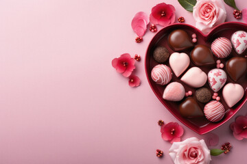 Chocolate candies in heart shaped box and flowers on pink background.