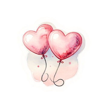 Two ballons hearts. Watercolor sticker design. Image for greeting card design for Valentine's Day or Mother's Day, for wedding invitations or anniversary cards. Print for home or nursery decor