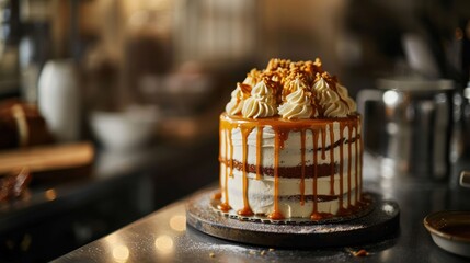  a cake sitting on top of a counter covered in caramel drizzle and caramel drizzle.