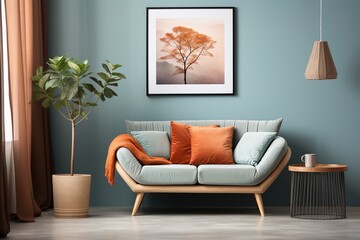Blue green living room with sofa and tree picture