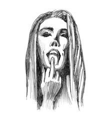 Girl is teasing you. A brave gesture of a young girl. Ink sketch. - obrazy, fototapety, plakaty