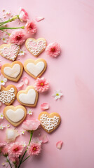 Heart shaped cookies with pink flowers on pink background. Valentines day concept.