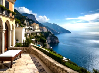 Obraz premium panoramic views of the sparkling Mediterranean Sea and cliffside terraces, generative ai