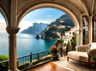 panoramic views of the sparkling Mediterranean Sea and cliffside terraces, generative ai