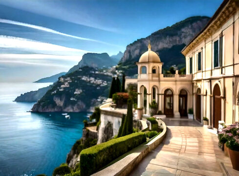 panoramic views of the sparkling Mediterranean Sea and cliffside terraces, generative ai