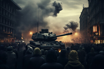 Armed tank on a city street with a crowd of onlookers and smoke rising against a darkened sky.