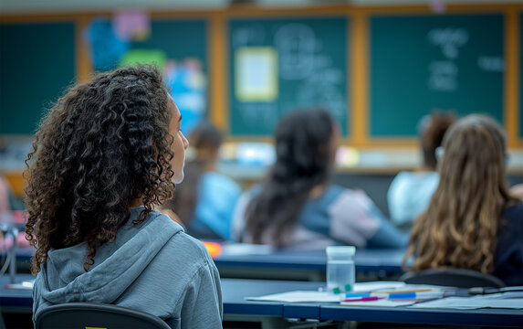 Girl study in classroom with friends in university .Generative AI
