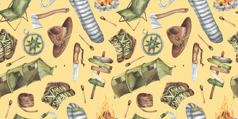 Watercolor camp seamless pattern, adventure outdoor tourist camping symbols Tent Bonfire Multifunction knife map backpack mug rope background, active travel vacations sport for summer.