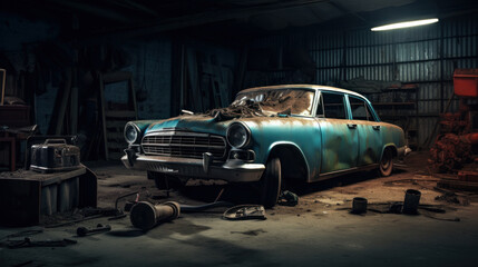 Abandoned classic car in a derelict garage, a powerful symbol of forgotten glory