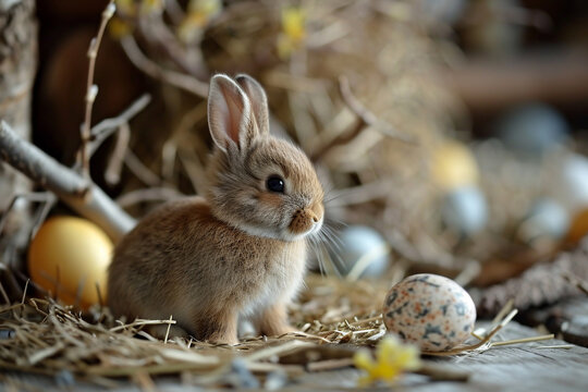 Photo of a cute Easter bunny sitting next to spotty eggs.  Small baby rabbit is peacefully sitting on straw with Easter eggs around.