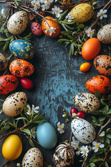 Obraz premium A beautiful table setting for Easter. Pretty and bright Easter composition with tulips, daisies and hand-painted colourful easter eggs on a blue background. 