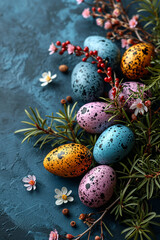Obraz premium Beautiful photo for Easter. Pretty and bright Easter composition with white flowers, berries and painted eggs.on a blue background