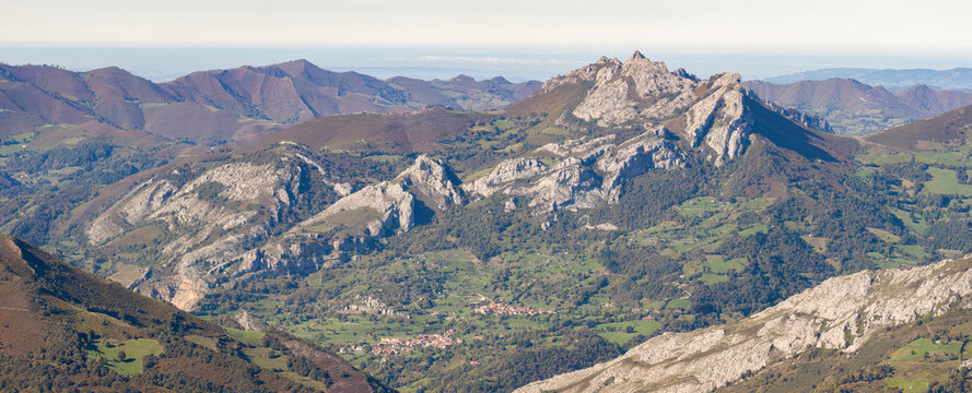 Panoramic view of the town of Pel&uacute;gano and Pel&uacute;gano mountain range, Aller, Asturias, Spain