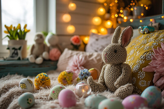 Knitted toy rabbit sitting with Easter egg decorations on a colourful bed  in a kid's room. Hand-made brown bunny in a girl's room sitting on a fluffy blanket on a bed.