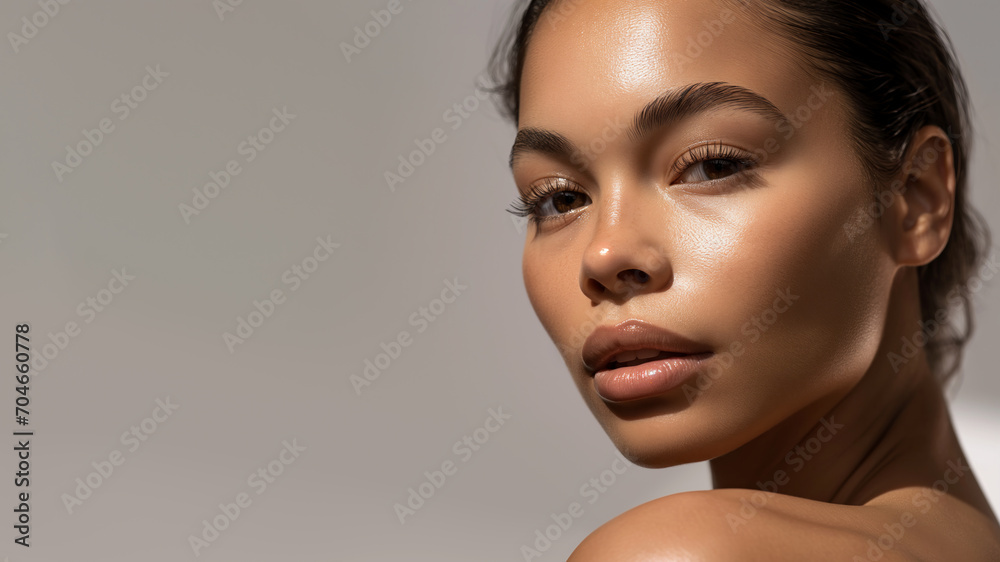 Wall mural Beauty and Skincare Concept. Beautiful mixed-race woman face with flawless skin and healthy glow, closeup of serene face