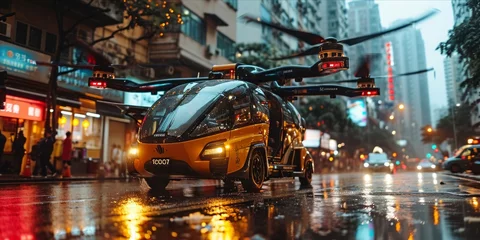 Photo sur Plexiglas TAXI de new york Urban Air Mobility Revolution: Navigating the Digital Frontier with Efficient and Sustainable Integration of Flying Taxis