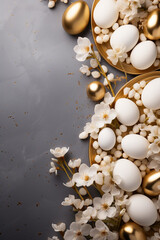 Beautiful Easter eggs in a golden platter standing on a marble table top with white  cherry flowers. Luxurious and posh Easter composition on a marble background.