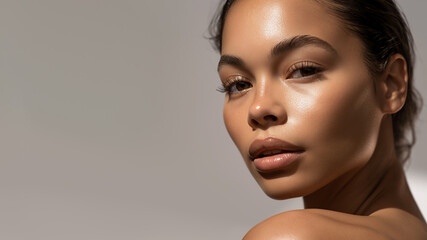 Beauty and Skincare Concept. Beautiful mixed-race woman face with flawless skin and healthy glow, closeup of serene face - obrazy, fototapety, plakaty