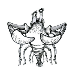Crab drawn in cartoon style. Ink drawing. Comic character.